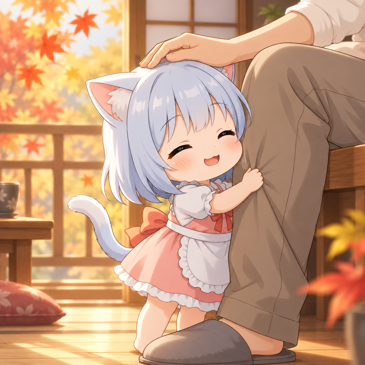 寄り添いながら頭をなでられて、にっこり笑うちび猫ちゃん