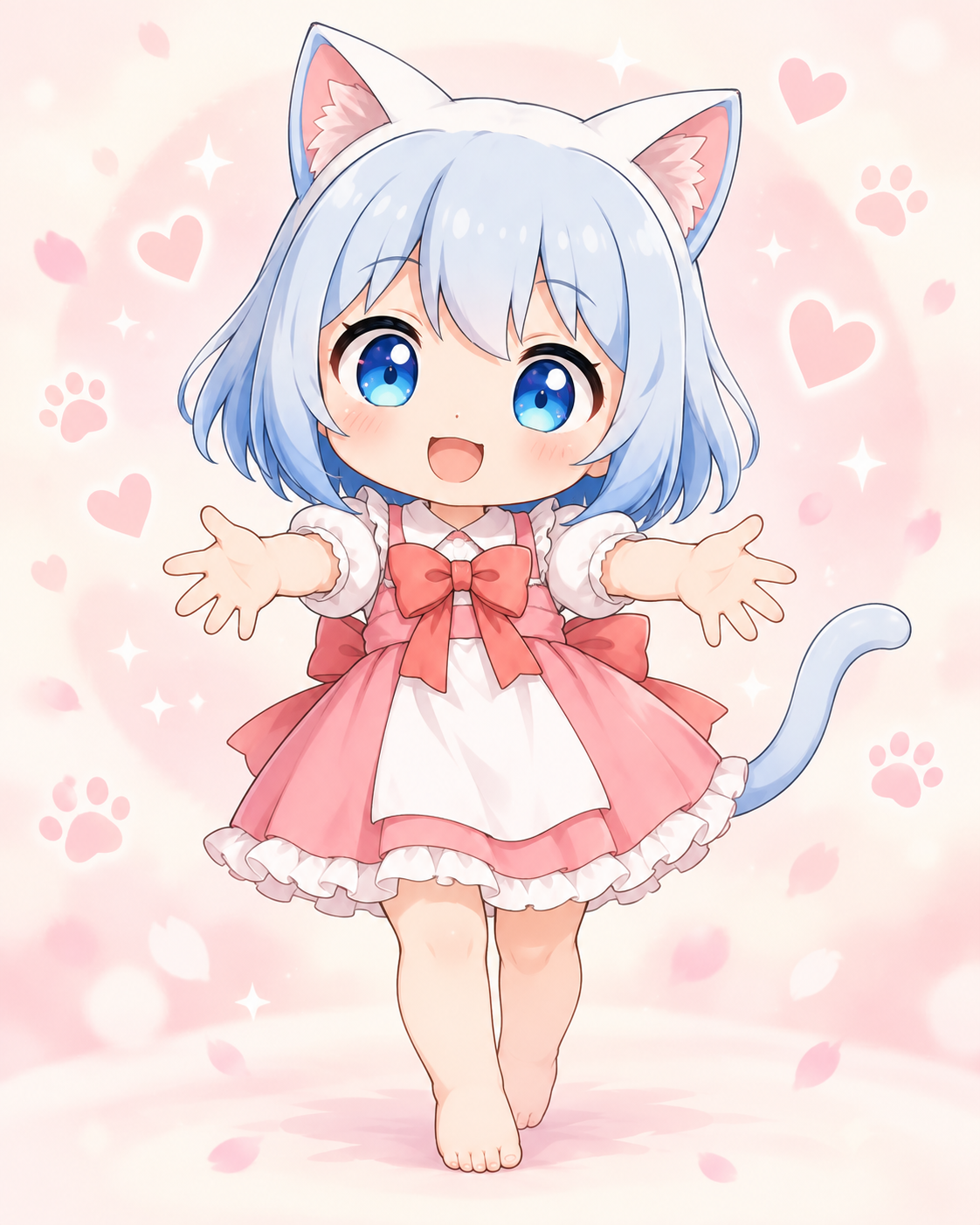 銀青のボブ、白いねこ耳、ピンクのワンピース姿のちび猫ちゃん